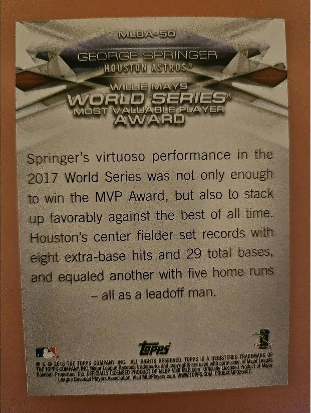George Springer- 2018 Topps award winners - World Series MVP #mlba-50 -Raw Mint